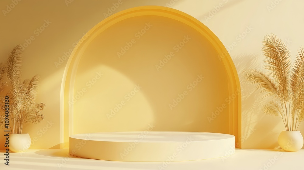 Poster Minimal 3D rendered scene featuring an empty cube podium in shades of pastel yellow designed for cosmetic product display and abstract background showcase Geometric pedestal in soft colors for moc