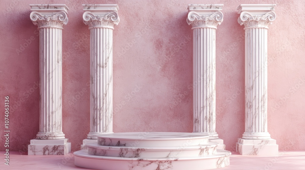 Poster Empty podium display with marble columns in a Greek style featuring a pink studio interior realistic 3D rendering Minimalist backdrop showcasing pedestal design and antique architecture elements