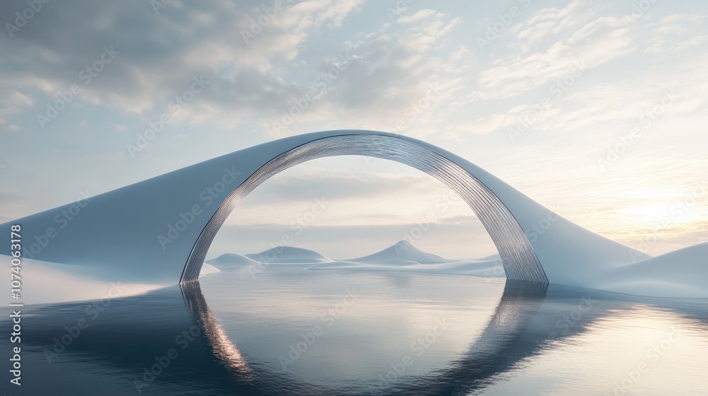 Aufkleber Surreal dreamlike landscape featuring abstract dunes set in a winter scene complemented by a geometric arch Fantasy island view with water and a naturally cloudy sky highlighted by a metallic mirr