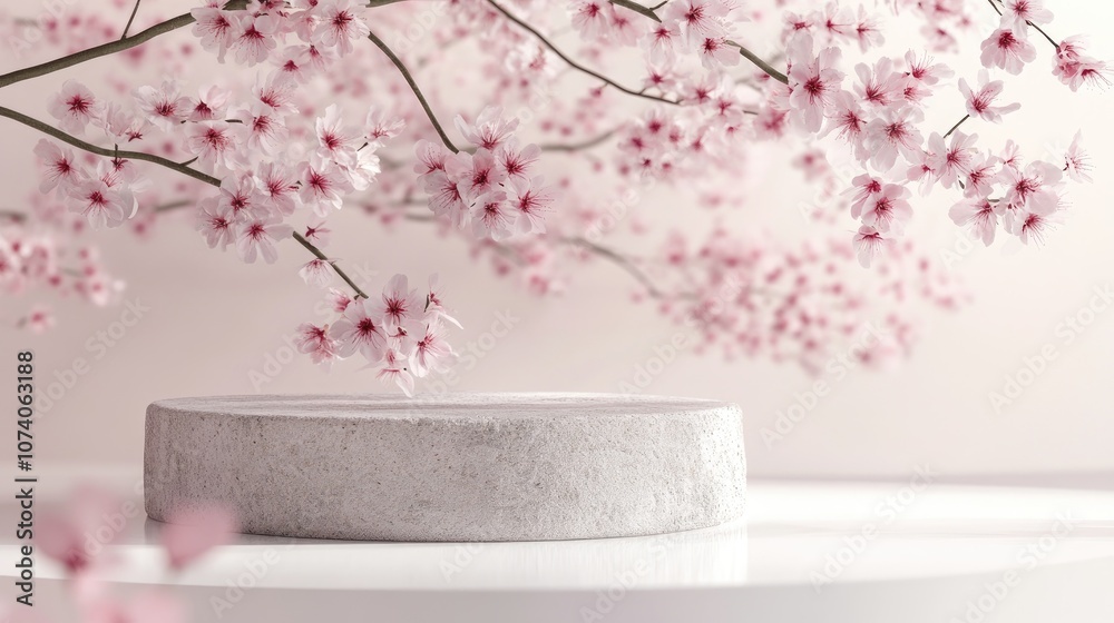 Poster cosmetic background featuring cherry blossoms and a stone podium on a white backdrop for branding an
