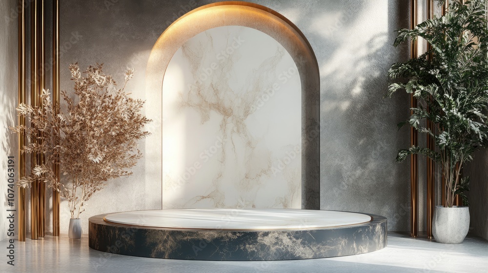Poster 3d rendering of a luxurious podium display for product promotion and sales