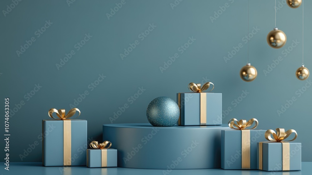 Poster Blue podium accompanied by blue gift boxes adorned with gold ribbons set in a minimalistic studio environment ideal for product display 3D rendering