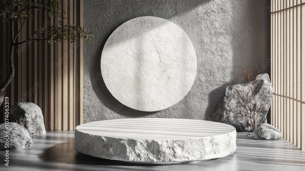 Aufkleber rough white stone display podium featuring a circular design ideal for product presentation 3d rende