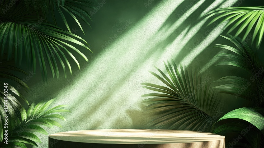 Poster Tropical podium background for showcasing products featuring palm leaf shadows 3D rendering from an overhead perspective