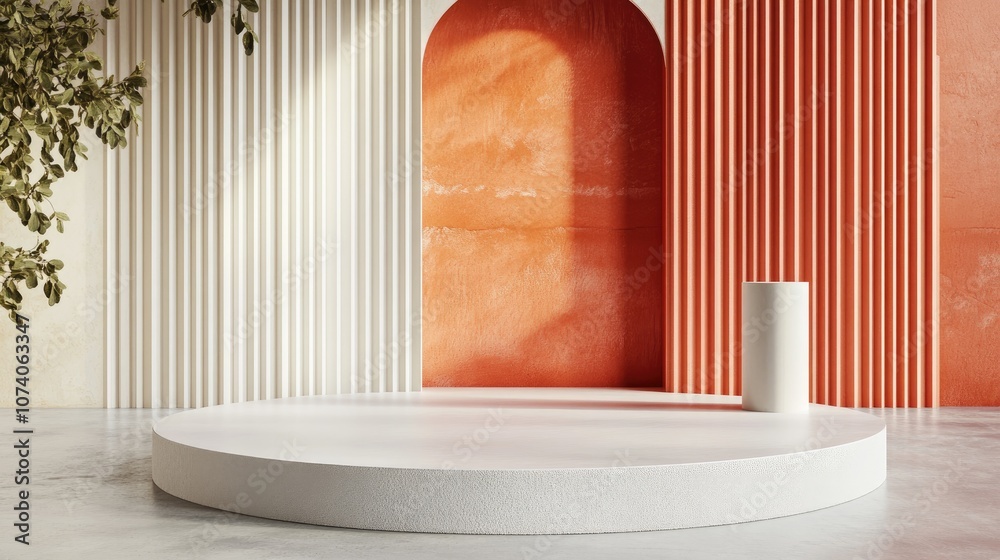 Poster Minimal exhibition podium scene with a low polygon background wall 3D rendering of a display stand