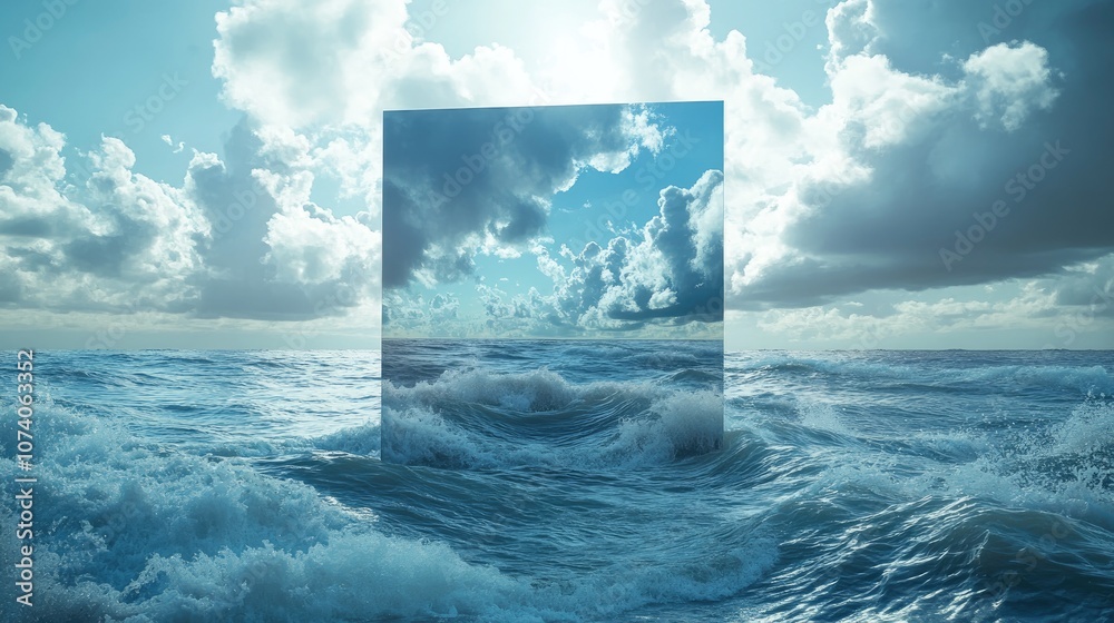 Poster stunning 3d rendered surreal aquatic background featuring a large mirror panel amidst the sea panora