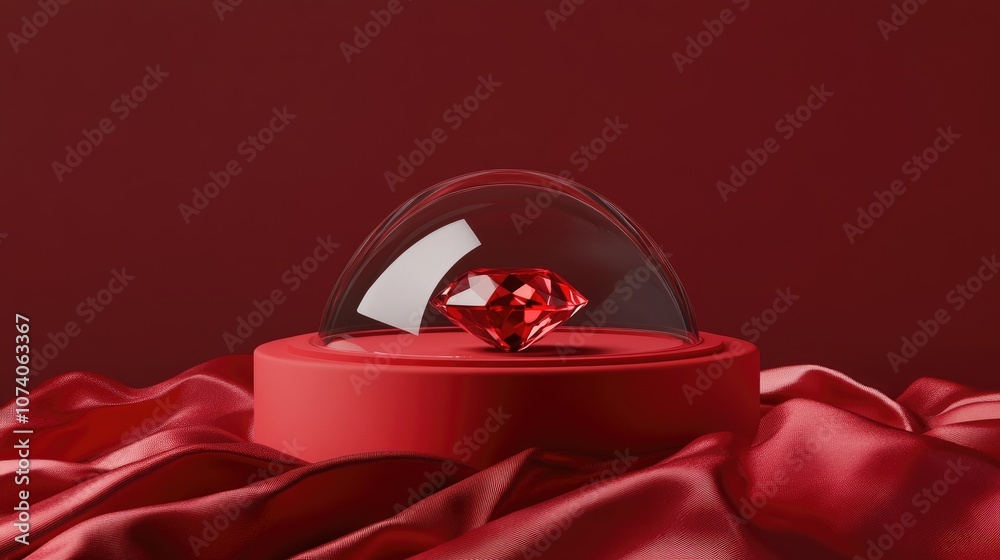 Poster 3d illustration of a red fabric podium featuring a red gemstone and glass dome for product display w