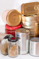 Food Reserves: Canned Food, Spaghetti, Pate, Tuna, Tomato Juice, Pasta, Fish and Grocery. Emergency Food Storage in Case of Crisis. Strategic Food Supplies