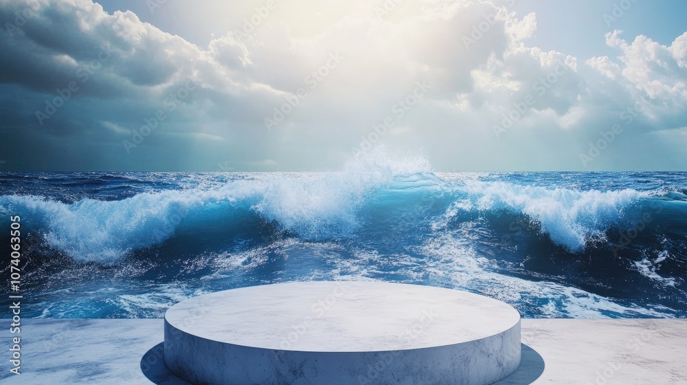 Poster Podium stage displayed against an abstract artistic blue ocean backdrop 3D rendering