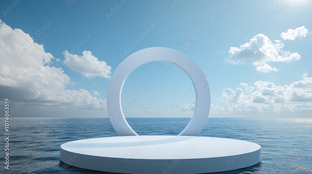 Poster Podium stage displayed against an abstract artistic blue ocean backdrop 3D rendering