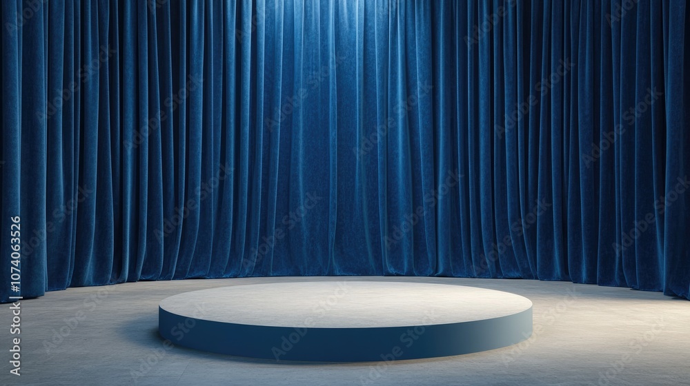 Aufkleber a podium on an empty stage featuring blue curtains and a concrete floor illustrating the concept of 