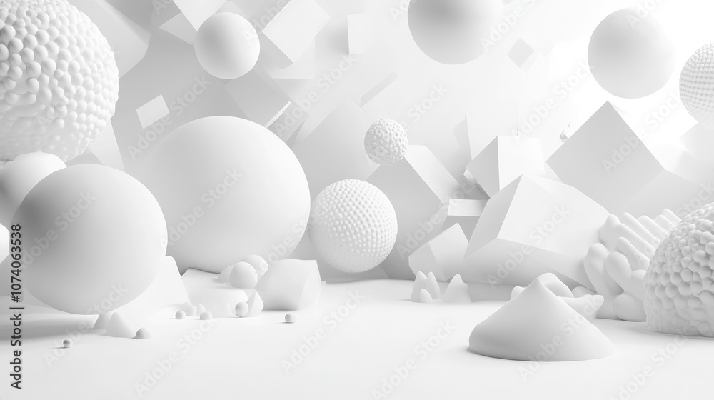 Poster 3D abstract white light against a gray backdrop for product displays and website banners 3D rendering of an interior featuring dynamic geometric shapes in motion including spheres polygons cones a