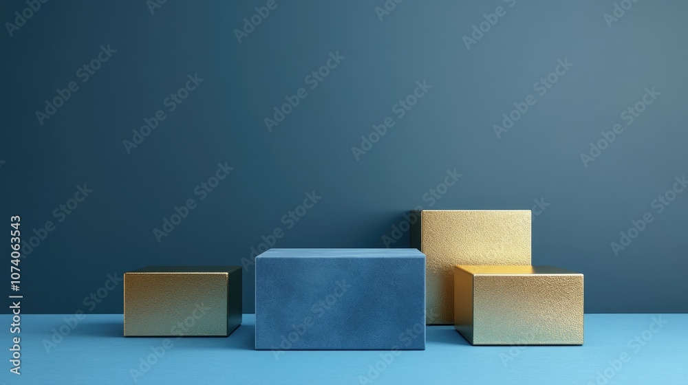 Poster Blue and gold cube podium on a blue background Abstract minimal geometric shape in a studio setting Mockup space for product design display 3D rendering