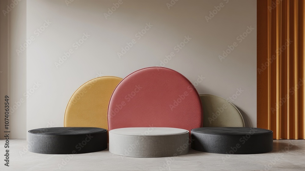 Poster 3d rendering of geometric semi circle shapes in a product stand featuring tropical and luxurious col