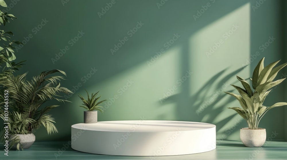 Aufkleber Empty podium display on green backdrop 3D rendering