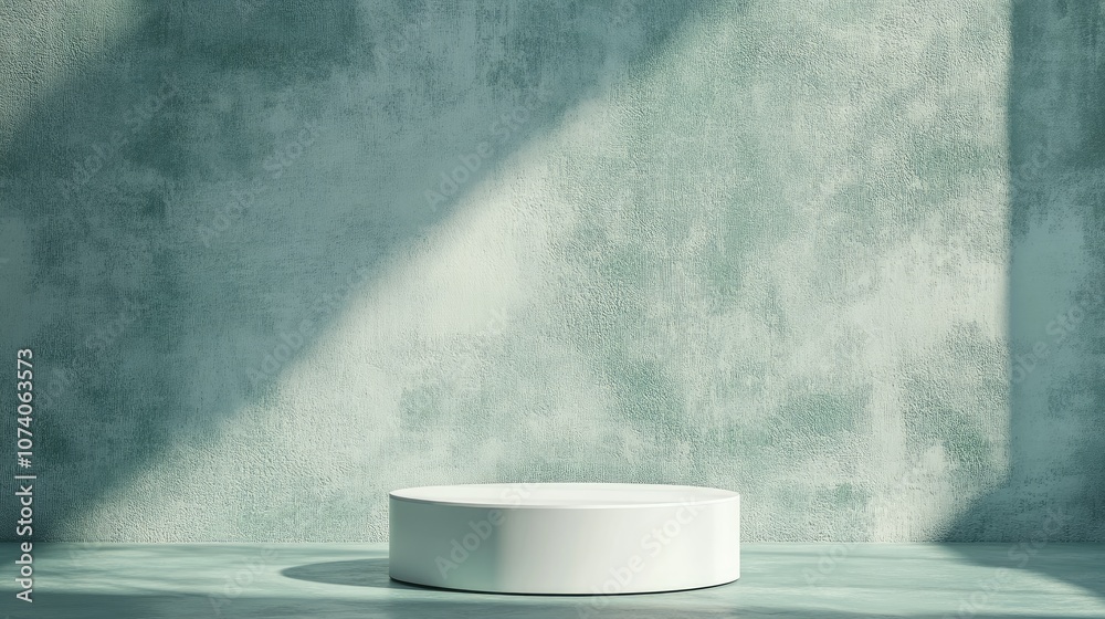 Poster white round cylinder podium against a square green textured wall with a white ring 3d render of an e