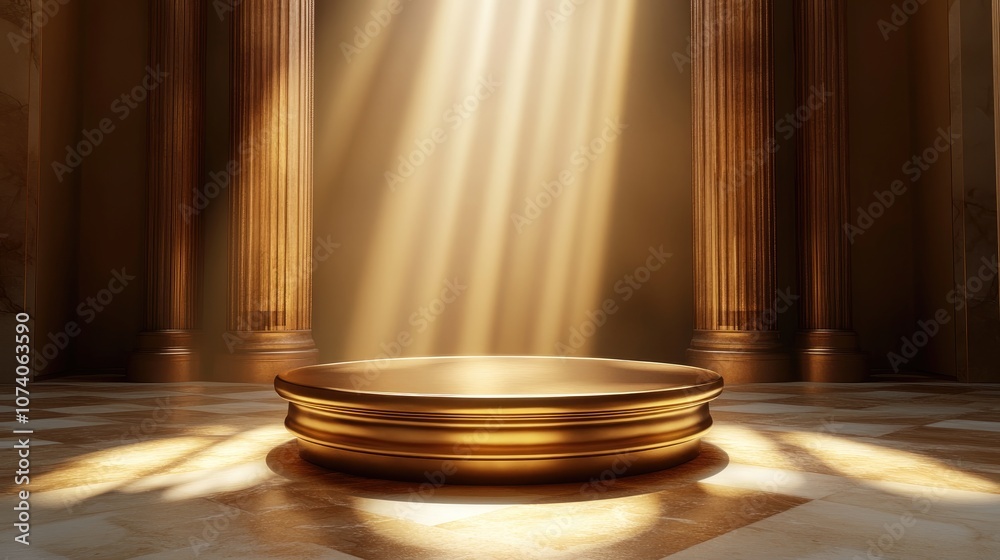 Poster Elegant golden pedestal in an empty room bathed in a warm spotlight creating a soft atmosphere Background graphic element luxury concept 3D render