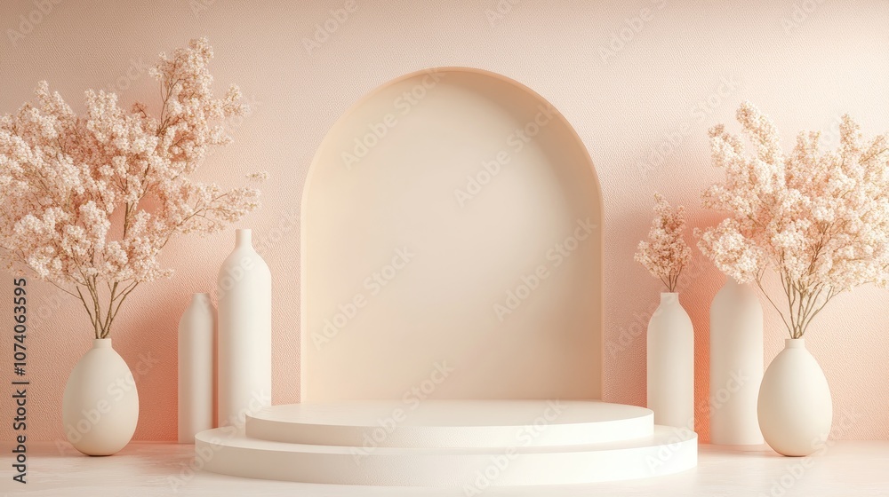 Poster Simple geometric symmetrical elements in a product display background with a beige pastel color and a recessed wall in 3D rendering