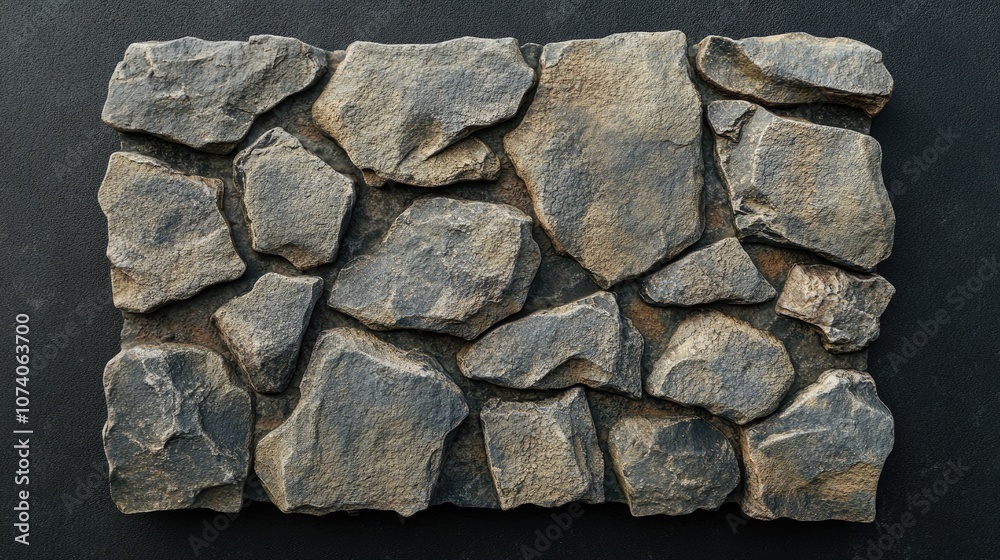 Poster Top view of a cobblestone texture on a display platform Stone structure 3D rendering Isolated on a dark background