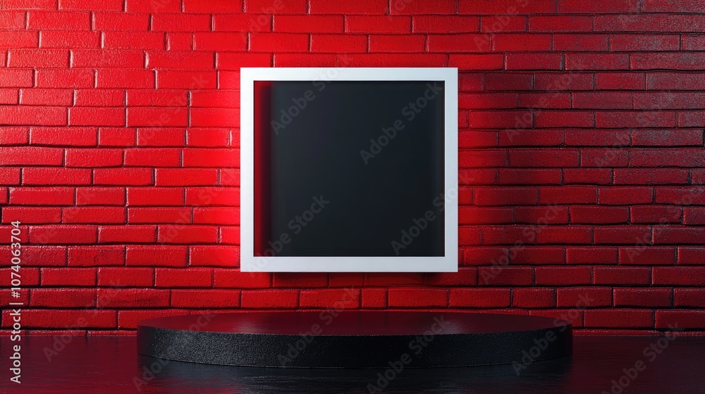 Poster Digital product backdrop featuring a red and white rectangular frame with a black podium reflecting against a dark red brick background 3D illustration