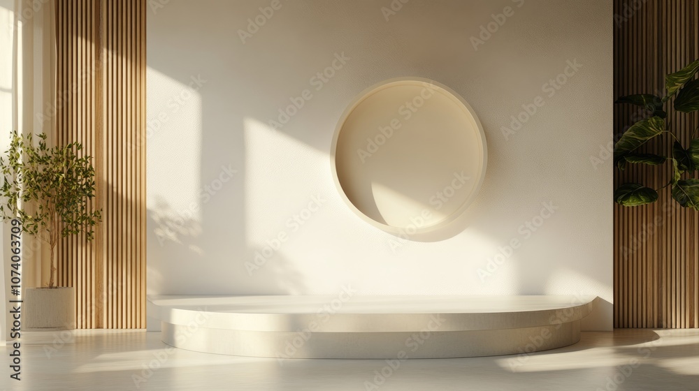 Poster Geometric shape podium displayed on a wall 3D rendering