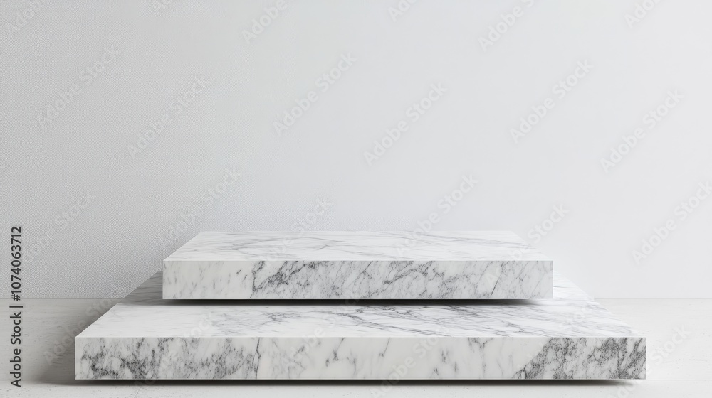 Poster 3D rendering of overlapping square marble pedestals designed for product displays on a white floor The podium is suitable for advertising and features a minimalist style against a white background