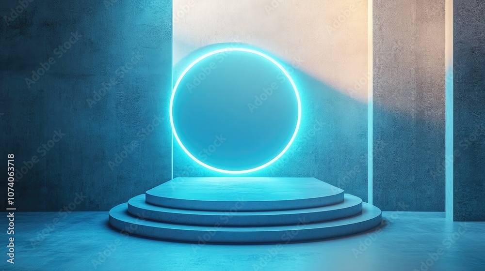 Poster Blue light sphere podium for visual product presentation in a stylish space realistic 3D rendering