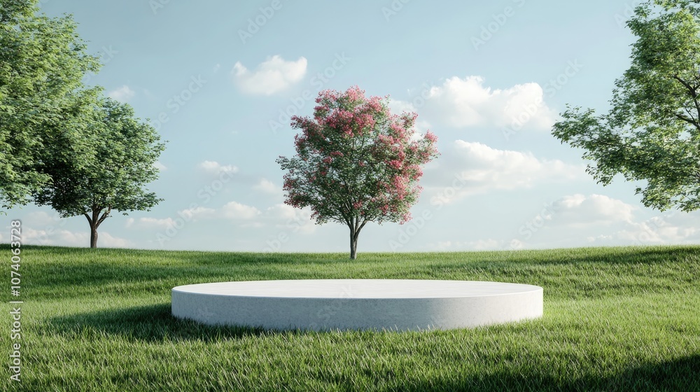 Poster Fantasy 3D rendering of a circular podium on a grassy field featuring a round soil mockup cross section in a blank white space