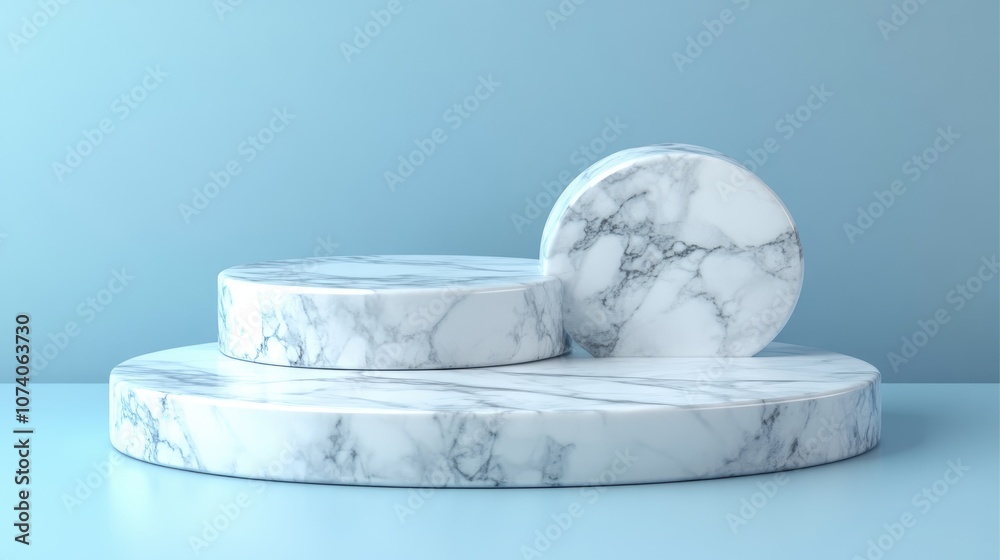 Poster empty white marble podium on a pastel blue background product display 3d rendering