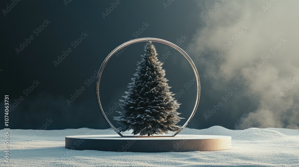 Poster 3D display podium featuring a Christmas tree Winter scenery backdrop for product showcasing Minimalistic pedestal with a circular glass frame 3D rendered visualization