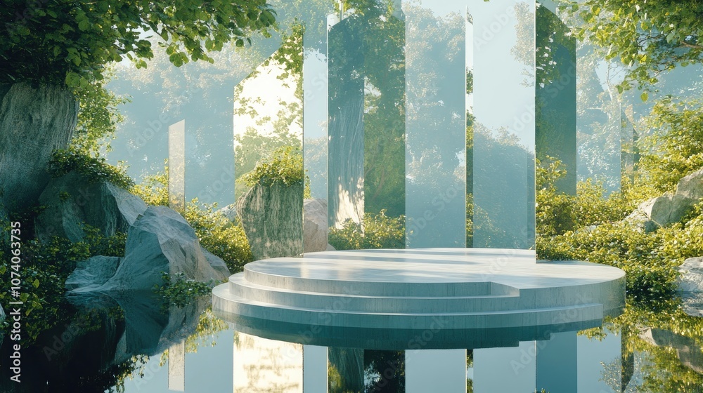Poster 3D rendering of a surreal landscape featuring a podium amidst water and lush greenery The podium is set against a backdrop of abstract glass and mirrored shapes creating a fantastical and futurist