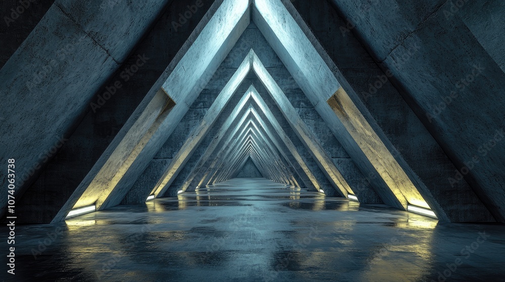 Aufkleber triangle shaped concrete structures in an underground construction tunnel with dark empty sci fi atm