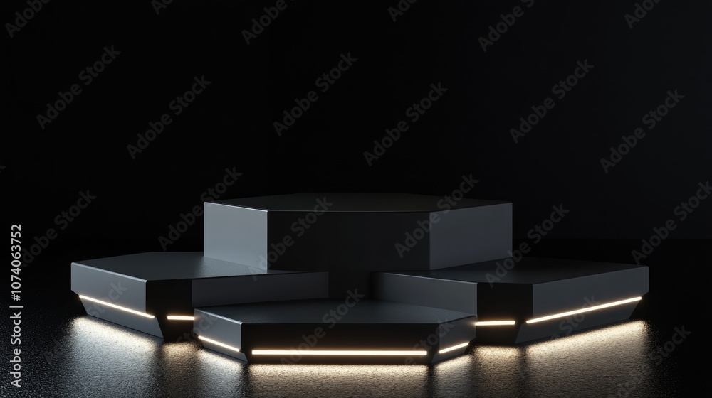 Leinwandbilder blank hexagon product stand with a black background futuristic display pedestal illuminated 3d rende