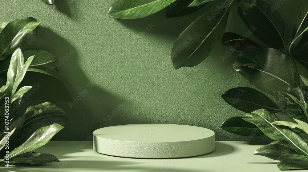 Poster minimal green podium against a backdrop of green leaves showcasing a display for cosmetic or perfume