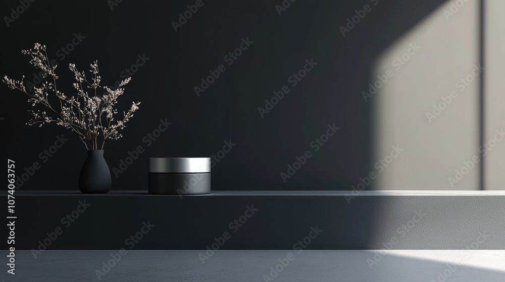 Poster 3d rendering of a cosmetic product in an empty setting with a minimalist black wall fashion display 