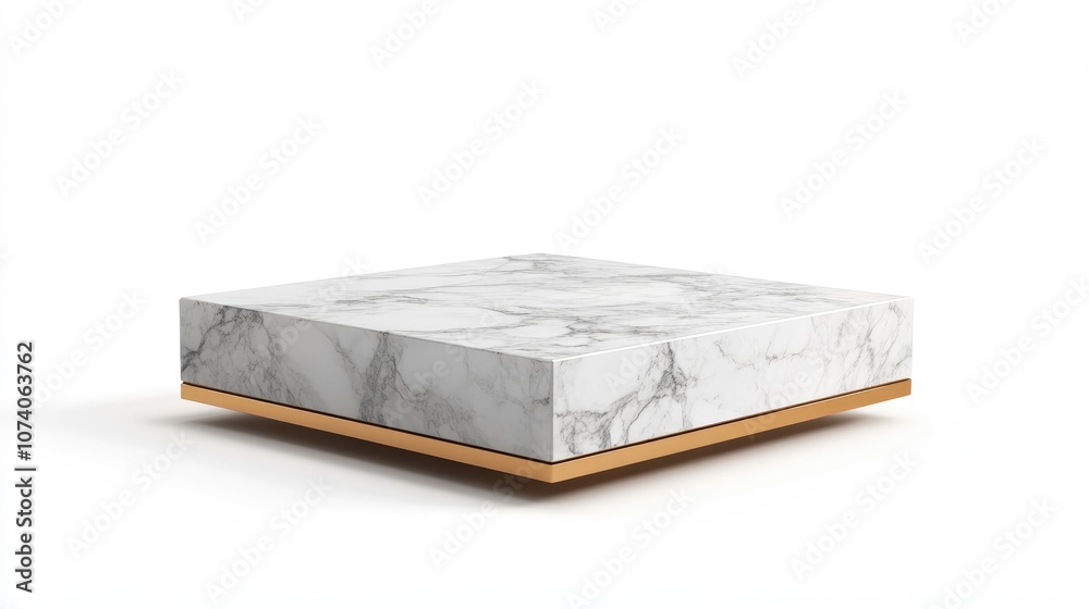 Poster 3D rendering of a square marble pedestal with a golden square frame bending into an overlapping artistic dimension suitable for advertising isolated on a white background in a minimalist style