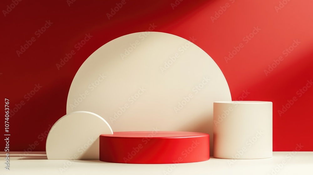 Aufkleber 3D red and white podium in a minimal studio setting Abstract 3D geometric shapes created for festive product displays
