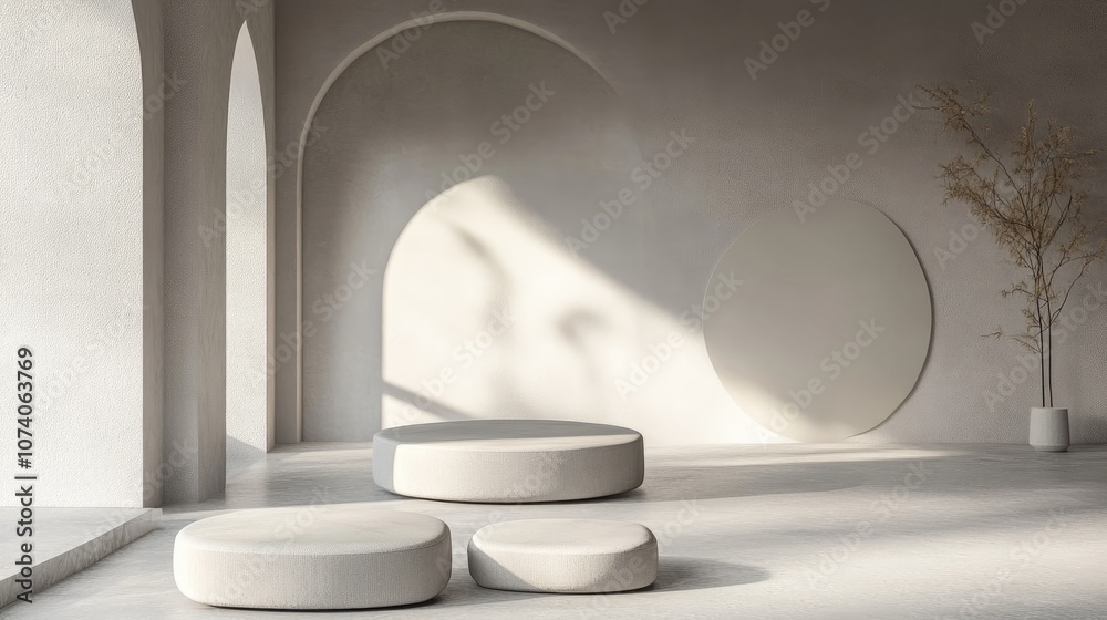 Poster 3D rendering of a studio featuring geometric shapes and pedestals on the floor creating a platform for product presentation in an abstract minimal design