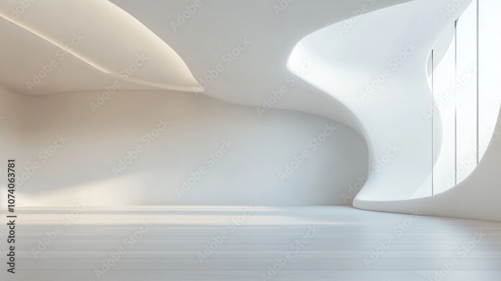 Aufkleber Abstract white space featuring a curved wall Modern empty showroom with flooring Conceptual background for the future 3D rendering