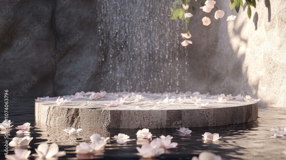 Aufkleber 3d rendering of a stone podium with petals cascading down onto a water surface