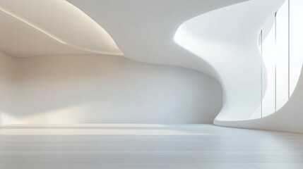 Abstract white space featuring a curved wall Modern empty showroom with flooring Conceptual background for the future 3D rendering