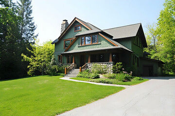 Neighborhood Real Estate Image - A large green house surrounded by trees and a well-maintained lawn.