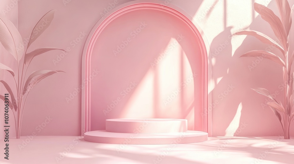 Poster minimalist 3d pink podium set against a soft pastel background featuring an abstract geometric shape