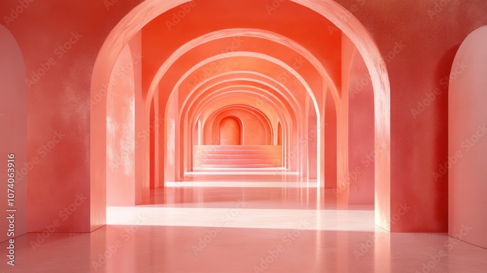 Aufkleber long tunnel featuring arches designed for product display podium in coral hues 3d rendering