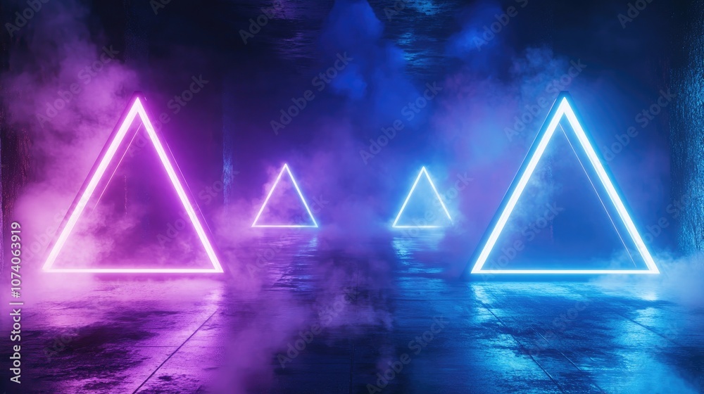 Poster smoke fog and mist envelop a neon lit futuristic podium featuring glowing laser triangles in blue an