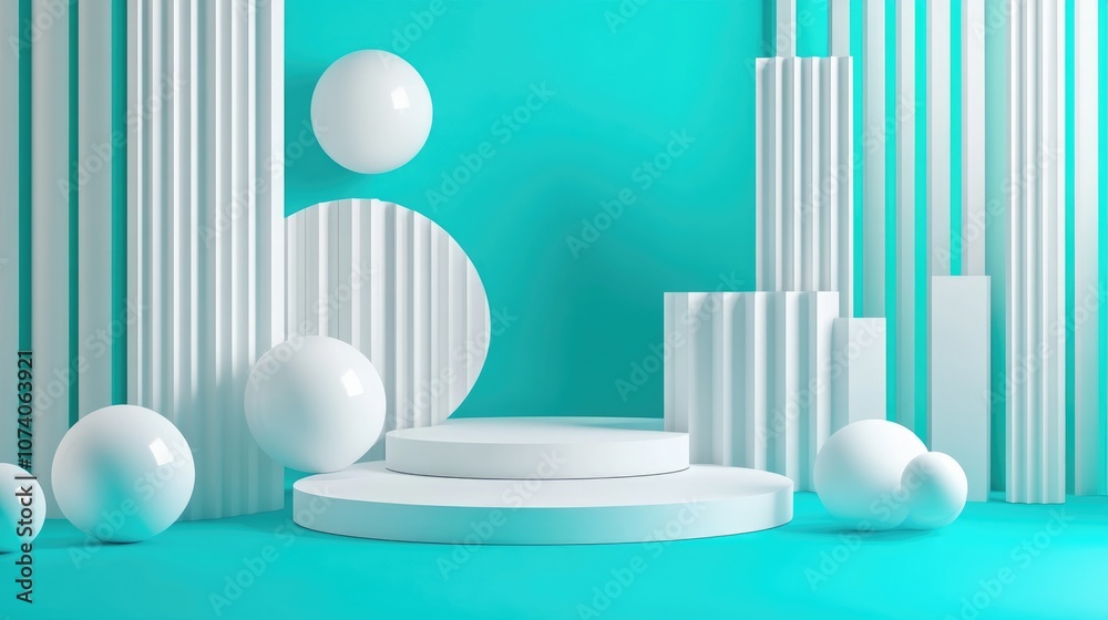 Poster abstract white product display featuring a cyan background and white geometric abstract shapes in 3d