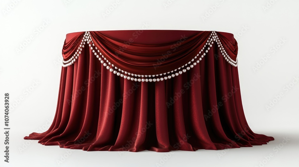 Poster round pedestal draped in red fabric adorned with pearls white background 3d rendering