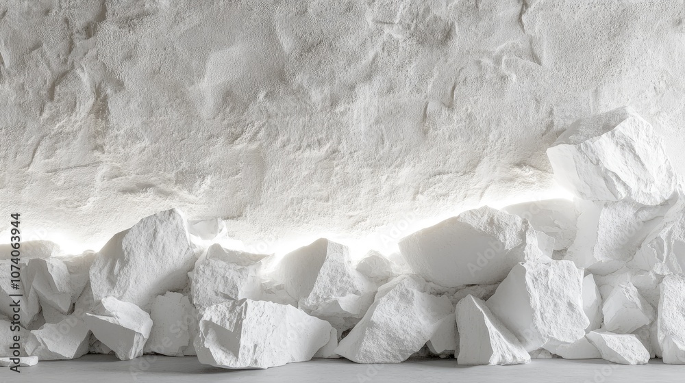 Poster 3D rendering of white stone wall fragments with textured edges illuminated by neon white light set against a birch backdrop featuring rubble stone slabs for a product display background