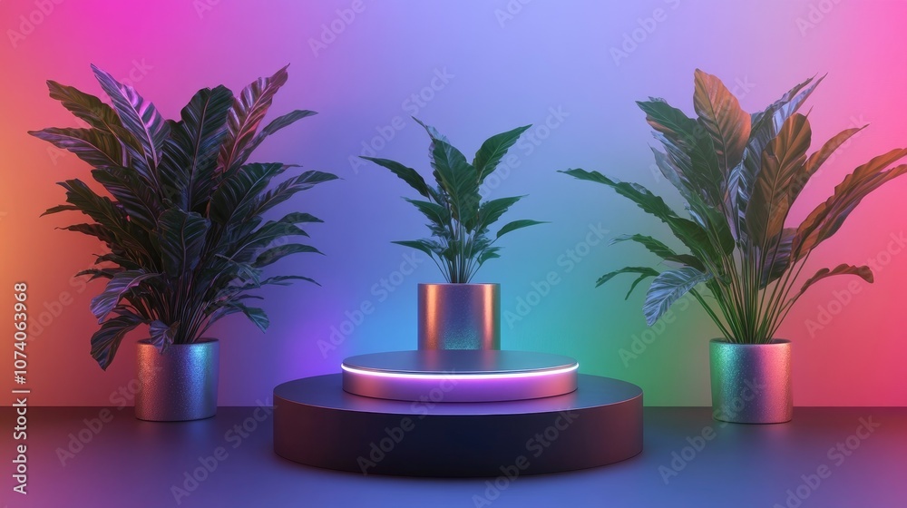 Poster isolated metal icon on a podium surrounded by three plants with multi colored lighting orthogonal pr