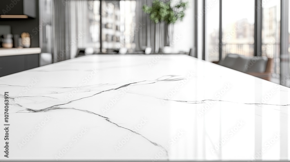 Aufkleber white marble table surface with a blurred abstract interior background suitable for product display 